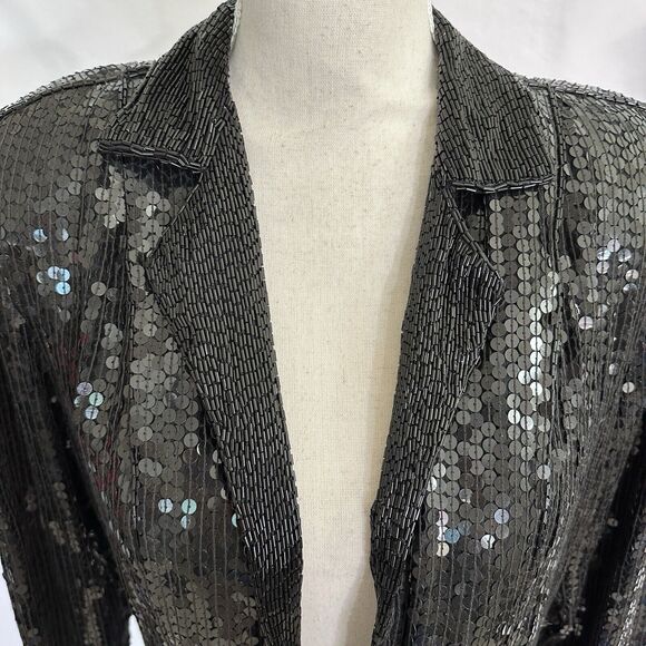 LILLIE RUBIN Black Sequin 100% Silk JACKET SKIRT SUIT VINTAGE 1990s Medium Set - Picture 4 of 8